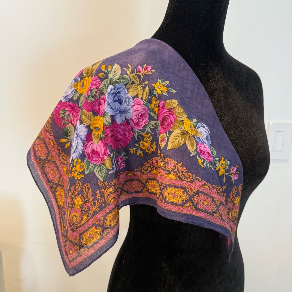 Yves Saint Laurent YSL Elegant Purple Floral Cotton Handkerchief Scarf 21”